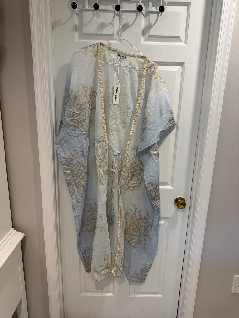NWT White Waves Light Blue & Gold Kimono swim Cover Up resort wear OSFM